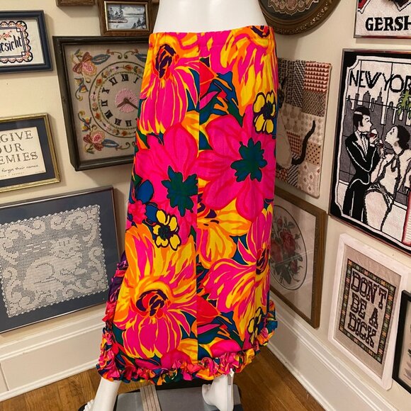 70s Vintage Bright Neon Floral Ruffle Hem Maxi Skirt With Elastic Waist Size M - Picture 4 of 4